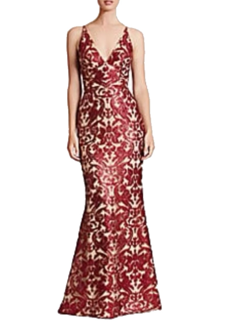 Dress the Population Red and Cream Lace V-Neck Maxi Gown